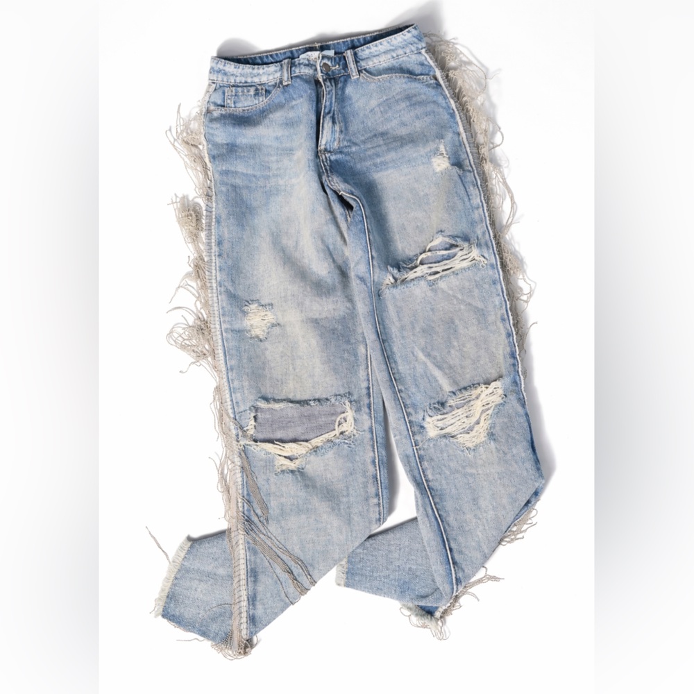 Nature Denim Fringe Jeans Distressed Light Wash Raw Hem Statement Y2K Festival